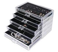 Frebeauty Joyero acrílico extra grande para mujer, organizador de joyas transparente de 5 capas, caja de terciopelo para aretes con 5 cajones, anillos, vitrina, collares, bandeja para mujeres(Negro)