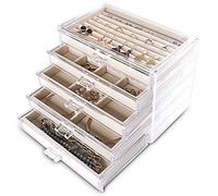 Frebeauty Joyero acrílico extra grande para mujeres y niñas, organizador de aretes de terciopelo transparente de 5 capas con 5 cajones, anillos, expositor, bandeja para collares (beige)
