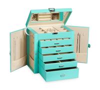 Frebeauty Joyero grande, organizador de joyas de piel sintética de 6 niveles con cerradura, estuche de almacenamiento multifuncional con soporte de espejo para accesorios con 5 cajones para aretes,