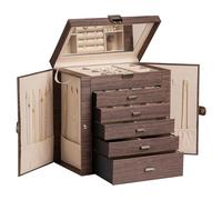Frebeauty Joyero grande, organizador de joyas de piel sintética de 6 niveles con cerradura, estuche de almacenamiento multifuncional con espejo, soporte de accesorios con 5 cajones para collares,