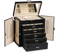 Frebeauty - Joyero organizador de joyas de cuero sintético, 6 niveles, estuche de almacenamiento multifunción con espejo, soporte de accesorios con 5 cajones para collares, pulseras, pulseras,
