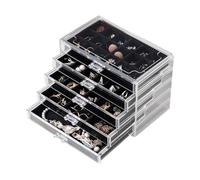Frebeauty Organizador de joyas de acrílico, caja organizadora de pendientes con 5 cajones, joyero transparente con bandejas de terciopelo para mujer, soporte apilable para pendientes (negro)