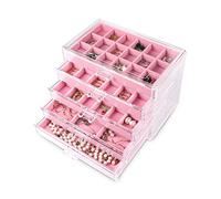 Frebeauty Organizador de joyas de acrílico, caja organizadora de pendientes con 5 cajones, joyero transparente con bandejas de terciopelo para mujer, soporte apilable para pendientes (rosa)