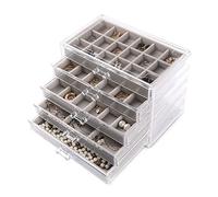Frebeauty Organizador de joyas de acrílico, caja organizadora de pendientes con 5 cajones, joyero transparente con bandejas de terciopelo para mujer, soporte apilable para pendientes (gris)
