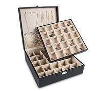 Frebeauty Organizador de pendientes, caja de joyería clásica con 50 ranuras de doble capa con 6 ganchos para collares y bolsillo para pulsera （negro）