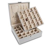 Frebeauty Organizador de pendientes, caja de joyería clásica con 50 ranuras de doble capa con 6 ganchos para collares y bolsillo para pulsera (gris)