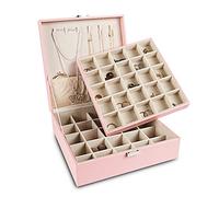 Frebeauty Organizador de pendientes, caja de joyería clásica con 50 ranuras de doble capa con 7 ganchos para collares y bolsillo para pulsera (rosa)