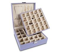 Frebeauty Organizador de pendientes, caja de joyería clásica con 50 ranuras de doble capa con 8 ganchos para collares y bolsillo para pulsera (Púrpura)