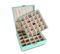 Frebeauty Organizador de pendientes, caja de joyería clásica con 50 ranuras, doble capa, con 6 ganchos para collares y bolsillo para pulseras (turquesa)