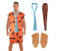 Fred - Disfraz de hombre de las cavernas para adulto, 4 piezas, disfraz de hombre de las cavernas con cubierta para los pies, corbata hinchable (grande)