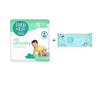 Fred & Flo Paquete de 40 pañales de tamaño 5 + 60 toallitas para bebé sin fragancia