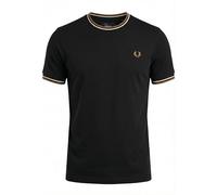 Fred Perry Camiseta de doble punta, color negro con ribete crudo y caramelo oscuro, Negro/Crudo/Caramelo Oscuro, XXL