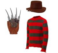 Freddy Krüger - Conjunto de disfraz de suéter para adultos con sombrero, guante verde y rojo, suéter a rayas, película de terror espeluznante, disfraz de Halloween y cosplay (M)