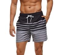 FREDRM Mens Swim Trunks Quick Dry Boardshorts with Mesh Lining Above Knee Swimwear Bathing Suits (Black Stripe, L)