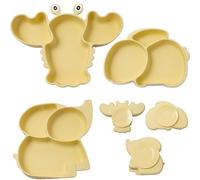 FREE EUPHORIA Plato Bebé con Ventosa de Silicona Antideslizante - Vajilla de Aprendizaje BLW con 3 Compartimentos - Diseño de Conejo, Elefante y Langosta, Sin BPA - Grado Alimentario LFGB
