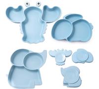 FREE EUPHORIA Plato Bebé con Ventosa de Silicona Antideslizante - Vajilla de Aprendizaje BLW con 3 Compartimentos - Diseño de Conejo, Elefante y Langosta, Sin BPA - Grado Alimentario LFGB