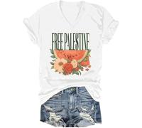 Free Palestine - Camisa con cuello en V, camiseta de Palestina libre con estampado floral de sandía, blanco, XL