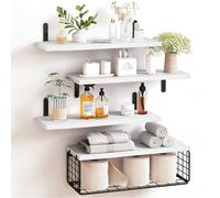 FREEAMG Juego de 4 Estantes de Pared de Madera, Estante de Baño de 40CM con Cesta de Metal, Estantes Flotantes de Pared de Estilo Rústico para Sala de Estar, Dormitorio, Cocina y Oficina (Blancos)