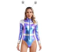 Freebily Body De Astronauta Espacial Para Mujer Mono Metálico Manga Larga Disfraz Fever De Cadete Del Espacio Disfraz De Alienígena Para Cosplay Canaval Azul XXL