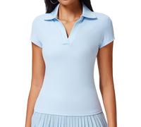 Freebily Camiseta mujer nueva golf: manga corta, sensación desnuda, secado rápido, cuello V profundo, cuello redondo para outdoor, usable para tenis, suave transpirable Azul claro XL