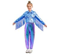 Freebily Conjunto De 2 Piezas Niño Niña Chaqueta Metálica con Borlas De Manga Larga Y Pantalones Brillantes para El Baile De Hip-Hop Jazz Azul 13-14 años