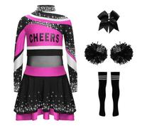 Freebily Conjunto De Porristas Para Niñas Crop Top Brillante + Falda Plisada + Pompones Vestido De Baile Moderno Ropa De Carnaval Fiesta Rosa fuerte y negro 5-6 años