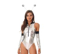 Freebily Disfraz De Alien Para Mujer 2 Pcs Leotardo De Charol +cinta Para El Pelo Ropa Brillante Metálica Sexy Disfraz De Alienígena Para Halloween Cosplay Plateado A M