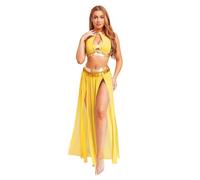 Freebily Disfraz De Danza Del Vientre Para Mujer Top Corto + Falda Larga De Gasa Traje Danza Oriental Ropa De Baile India Dorado M