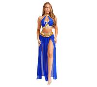 Freebily Disfraz De Danza Del Vientre Para Mujer Top Corto + Falda Larga De Gasa Traje Danza Oriental Ropa De Baile India Azul M