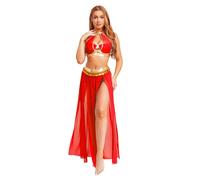 Freebily Disfraz De Danza Del Vientre Para Mujer Top Corto + Falda Larga De Gasa Traje Danza Oriental Ropa De Baile India Rojo XL