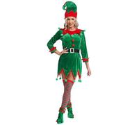 Freebily Disfraz de elfo de Navidad para mujeres Vestido de duende de Santa Helper Con Sombrero De Elfo+Orejas de elfo+Medias+Cinturón+Zapatos Traje Navideño Cosplay Verde S