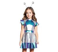 Freebily Disfraz Espacial De Halloween para Niñas Vestido Metálico Brillante con Aro De Pelo Alienígena Disfraz del Espacio Exterior Azul A 9-10 años