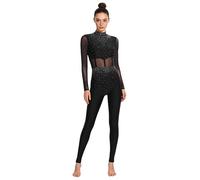 Freebily Jumpsuits De Patinaje Artístico Mujer Body De Danza Brillante con Malla Transparente De Manga Larga Leotardos De Danza Ballet Negro L