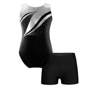 Freebily Maillot de Gimnasia Deportiva para Niña Maillot Leotardo sin Manga con Leggings Cortos Brillante Body Elástico Mono de Danza Gimnasia Rítmica Patinaje E Negro 11-12 años
