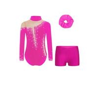 Freebily Maillot De Gimnasia Ritmica para Niña Body Ballet De Elástico con Leggings Cortos De Deporte Traje De Competición Actuación B Rosa Intenso 11-12 años