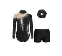 Freebily Maillot De Gimnasia Ritmica para Niña Body Ballet De Elástico con Leggings Cortos De Deporte Traje De Competición Actuación B Negro 11-12 años