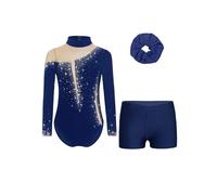 Freebily Maillot De Gimnasia Ritmica para Niña Body Ballet De Elástico con Leggings Cortos De Deporte Traje De Competición Actuación B Azul Marino 9-10 años