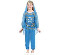 Freebily Traje Danza del Vientre para Niñas Conjunto De 4 Piezas Traje De Actuación árabe Indio Disfraz Manga Larga Lentejuelas Brillantes Halloween Cielo Azul 7-10 años