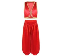 Freebily Traje De Princípe Árabe Para Niños Chaleco Brillante + Pantalones Cintura Elástica Disfraz Aladino Lampara Disfraz De Dubai Rojo 15-16 años
