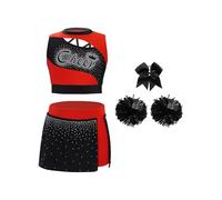 Freebily Uniforme De Animadora Para Niñas Top Corto Con Estampado Letras Y Falda Plisada + Pompones Traje De Porristas Para Fútbol negro rojo 15-16 años