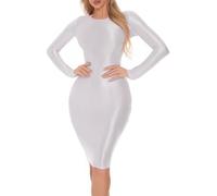 Freebily Vestido Ajustado Brillante para Mujer Vestido Manga Larga Cuello Redondo Vestido De Dormir Ropa De Noche Sexy para Citas De Club Blanco XL
