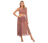Freebily Vestido De Danza Lírica Moderno para Mujer Traje De Ballet Patinaje Artístico Ropa Baile Latino Clásico De Color Sólido Tirantes Vestido De Malla Transparente Rosa empolvado S