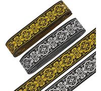 FREEBLOSS 14 m de cinta jacquard de poliéster jacquard, 3,3 cm, color dorado y negro, ribetes de bordado para bricolaje, costura, estilo bohemio, jacquard, para hechos a mano