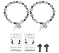 FREEBLOSS Juego de 2 pulseras de cruz de San Benito vintage con cuentas negras y plateadas con cruz de resina y tarjetas para regalo para mujeres y hombres