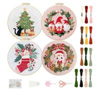 FREEBLOSS Juego de 4 juegos de bordado de Navidad para principiantes, kit de inicio de bordado estampado con patrones de corona de gato de árbol de Navidad, instrucciones, suficientes hilos, 2 aros