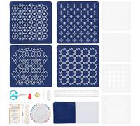 FREEBLOSS Juego de 4 plantillas Sashiko: kit de plantillas cuadradas de PET Sashiko con 4 patrones, tela de bordado, bolígrafos de marcado, dedal, agujas y accesorios