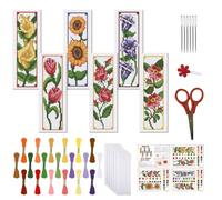 FREEBLOSS Juego de 6 kits de punto de cruz con instrucciones - Juego de aguja perforadora de patrón de 6 flores para principiantes - Kit de fabricación de marcapáginas para regalo