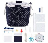 FREEBLOSS Kit de cesta de tela Sashiko con instrucciones (idioma español no garantizado), 2 plantillas, kit de bolsa con cordón Sashiko para principiantes, bolsa de bordado japonés para niñas y madres