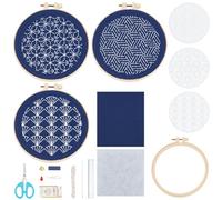 FREEBLOSS Sashiko - Juego de 3 piezas de bordado para colgar en la pared con diferentes plantillas de PET, juego completo de Sashiko, incluye hilo. Agujas de tela para coser a mano para adultos