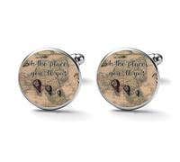 Freecustom Oh The Places You'll Go Gemelos para hombre, diseño de mapa del mundo de mediados de siglo, gemelos para hombre, con cita inspiradora, gemelos únicos para hombre, para boda, novio, negocios